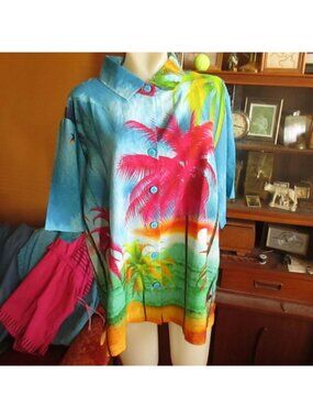 Womens Hawaiian Beach Shirt L Vtg La Leela Tropical Palm Print 100% Terivoile